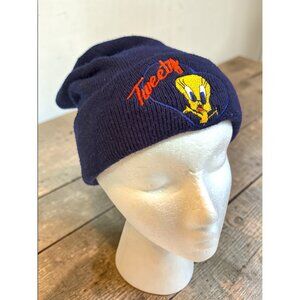 Vintage Tweety Embroidered Knit Beanie Hat Navy Blue Warm Retro Style Winter Cap